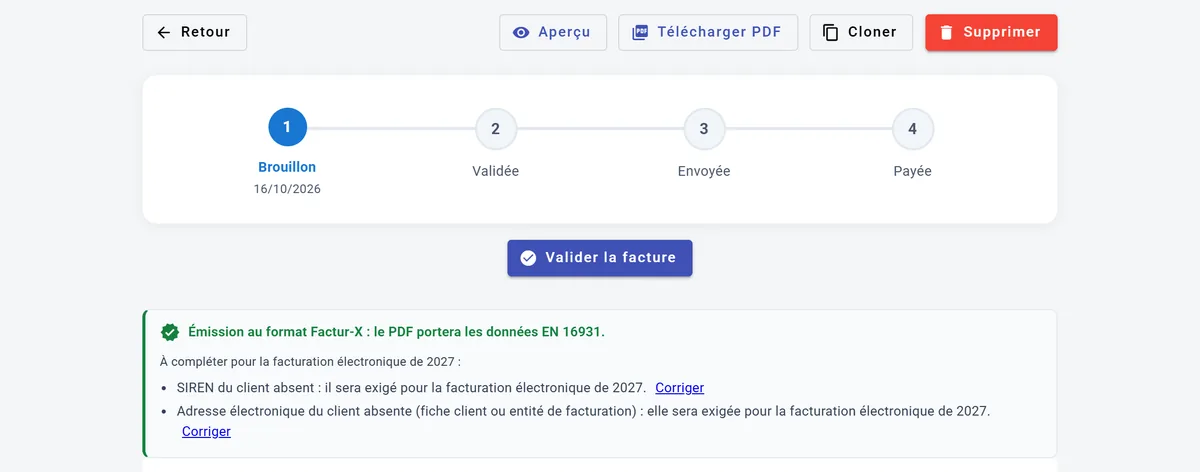 Facture en brouillon dans ElityX : le panneau annonce une émission au format Factur-X, avec les données EN 16931, et liste ce qu'il reste à compléter pour la facturation électronique de 2027.